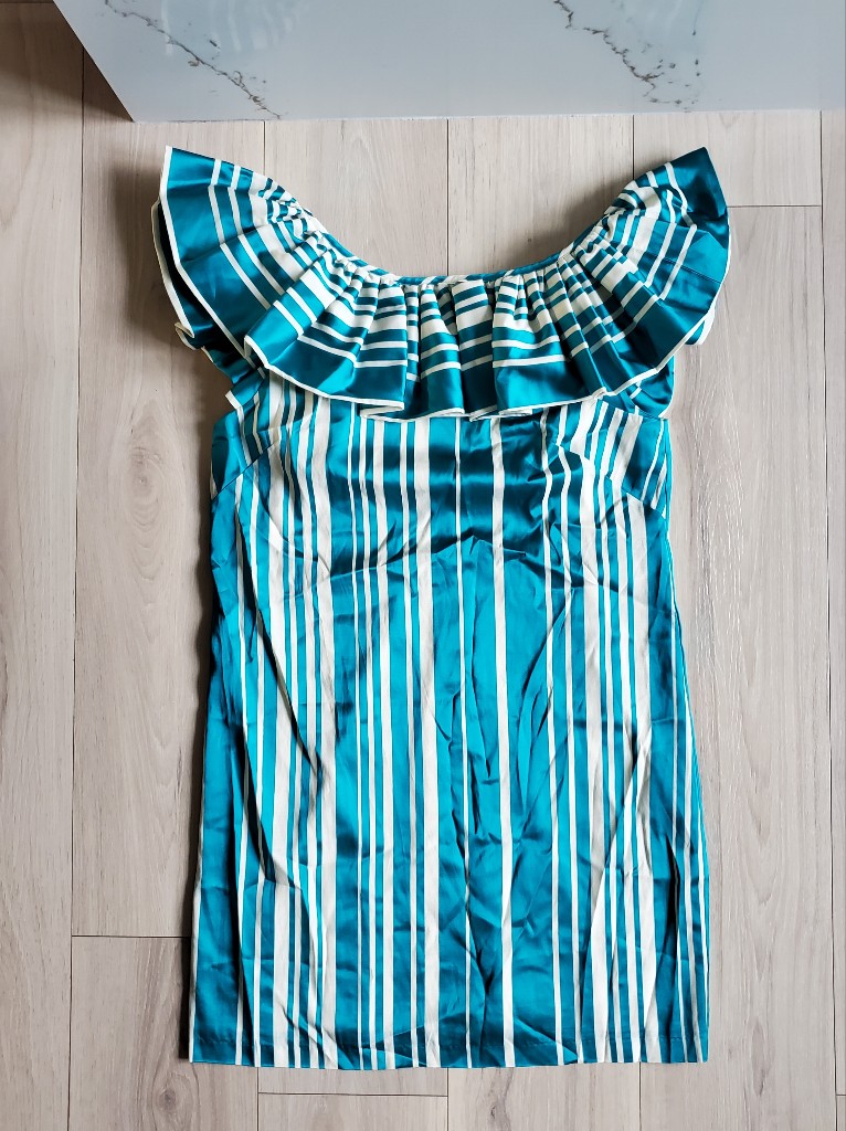 Trina Turk Happy Dress Womens 8 Blue Cocktail Off-Shoulder Ruffle Trim